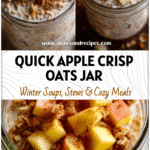 A clear glass jar filled with Apple Crisp Overnight Oats topped with diced apples and cinnamon for a healthy breakfast.